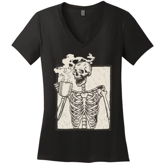 HALLOWEEN SKULL PRINT FLEECE OVERSIZED Women's V-Neck T-Shirt