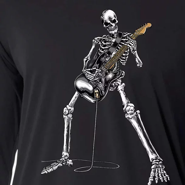 Halloween Skeleton Playing Guitar Rock And Roll Band Tees Cooling Performance Long Sleeve Crew