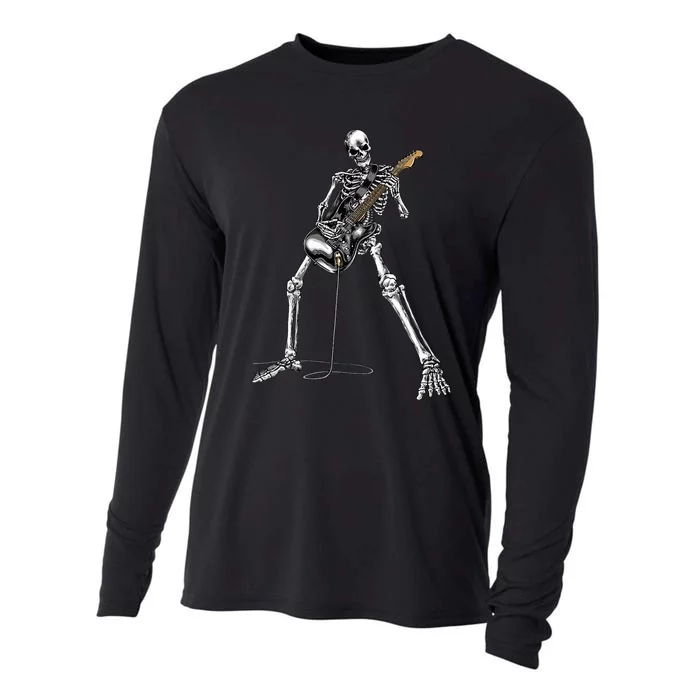 Halloween Skeleton Playing Guitar Rock And Roll Band Tees Cooling Performance Long Sleeve Crew