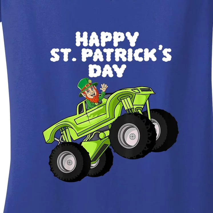 Kids Happy St Patricks Day Leprechaun Monster Truck Women's V-Neck T-Shirt