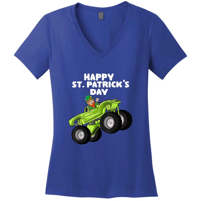 Kids Happy St Patricks Day Leprechaun Monster Truck Women's V-Neck T-Shirt