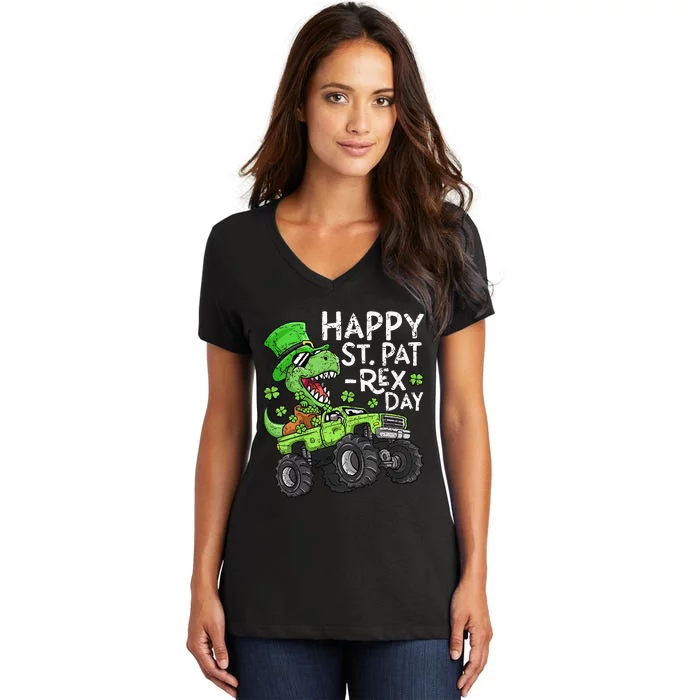 Happy St Patrex St Patricks Day Dinosaur Monster Truck Women's V-Neck T-Shirt