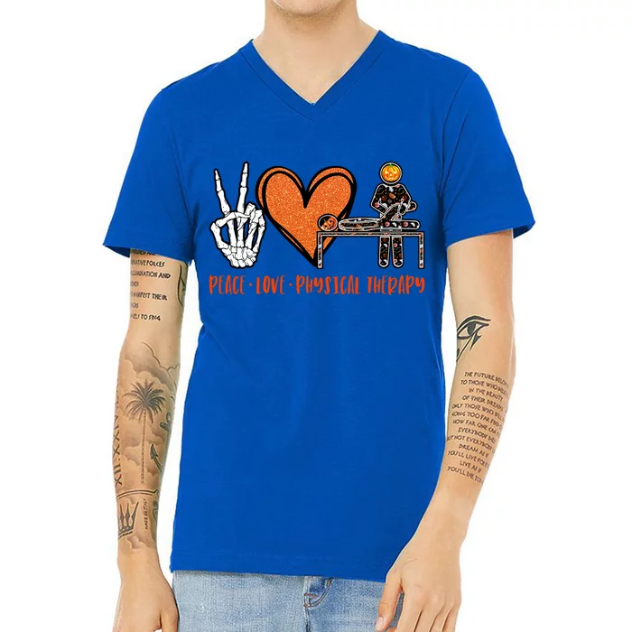 Halloween Skeleton Peace Love Physical Therapy Gift V-Neck T-Shirt