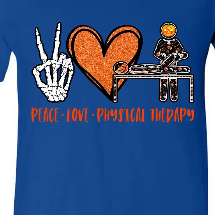 Halloween Skeleton Peace Love Physical Therapy Gift V-Neck T-Shirt