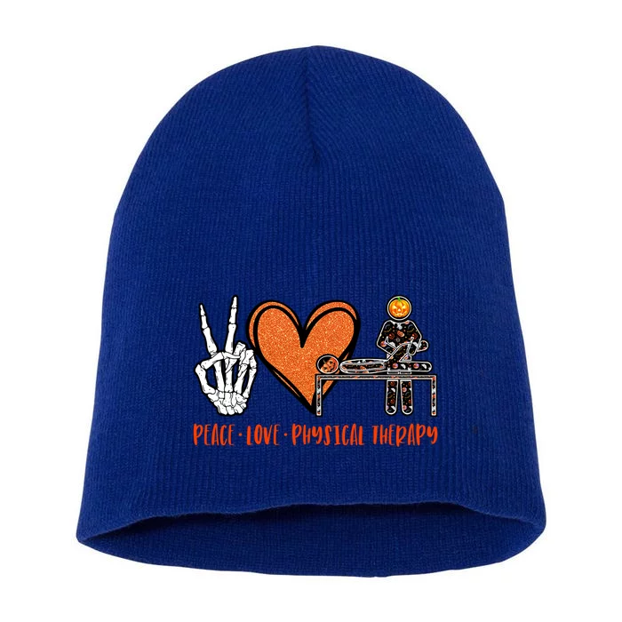 Halloween Skeleton Peace Love Physical Therapy Gift Short Acrylic Beanie