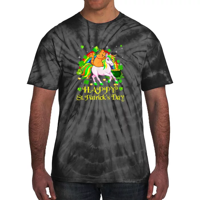 Happy St. Patrick's Day Leprechaun Cat Riding Unicorn Hat Tie-Dye T-Shirt