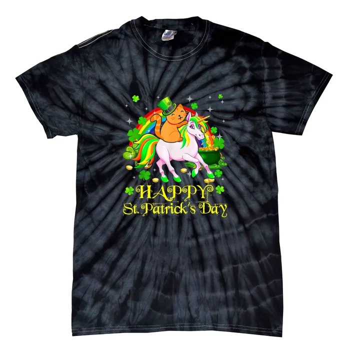 Happy St. Patrick's Day Leprechaun Cat Riding Unicorn Hat Tie-Dye T-Shirt