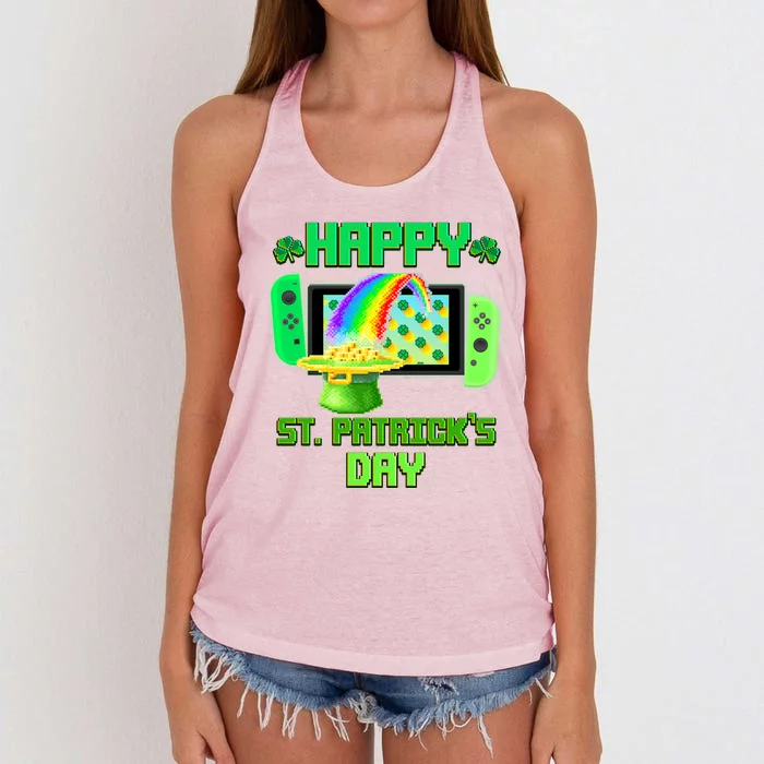 Happy St Patricks Day Retro Pixel Video Game Women's Knotted Racerback Tank