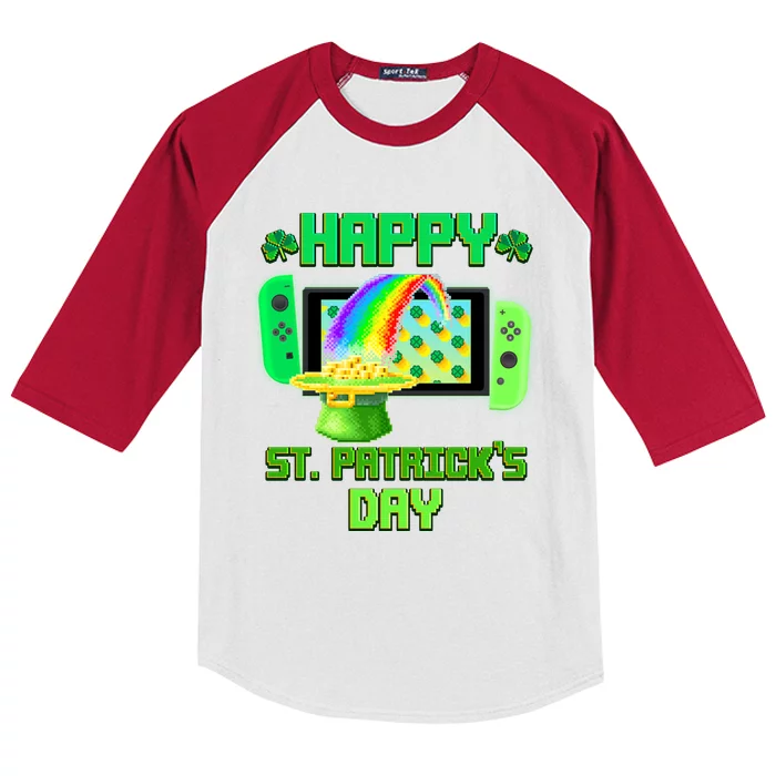 Happy St Patricks Day Retro Pixel Video Game Kids Colorblock Raglan Jersey