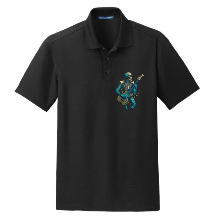 Halloween Skeleton Playing A Guitar Rock Halloween Dry Zone Grid Performance Polo