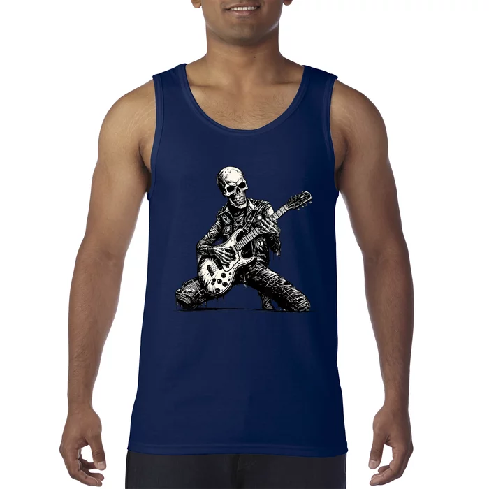 Halloween Skeleton Playing Guitar Rock And Roll Funny Skull Tank Top