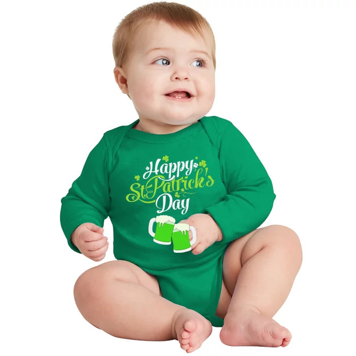 Happy St Patricks Day Green Beer Lucky Shamrock Baby Long Sleeve Bodysuit