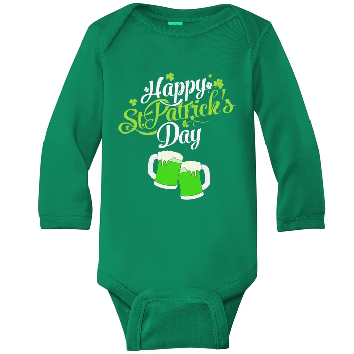 Happy St Patricks Day Green Beer Lucky Shamrock Baby Long Sleeve Bodysuit