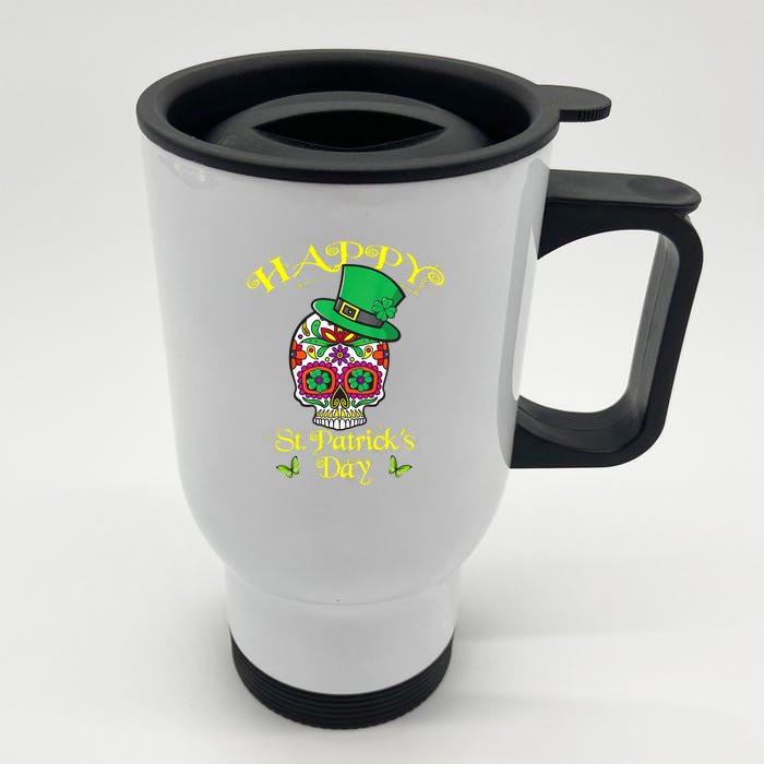 Happy St. Patrick's Day Sugar Skull Lucky Shamrock Irish Front & Back Stainless Steel Travel Mug