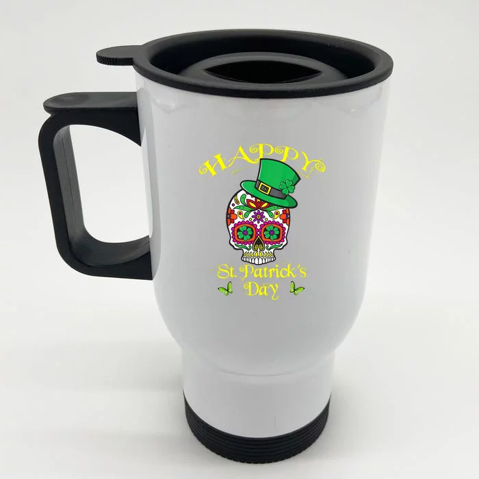 Happy St. Patrick's Day Sugar Skull Lucky Shamrock Irish Front & Back Stainless Steel Travel Mug