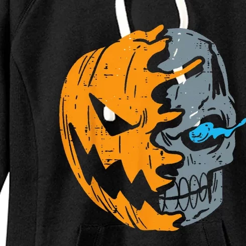 Half Skull Pumpkin Face Cool Scary Jack O Lantern Halloween Women's Fleece Hoodie