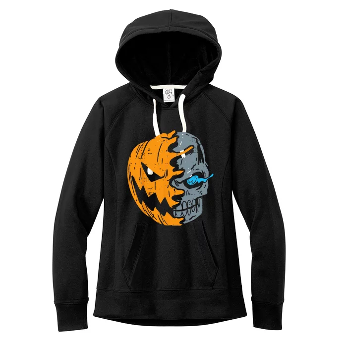 Half Skull Pumpkin Face Cool Scary Jack O Lantern Halloween Women's Fleece Hoodie