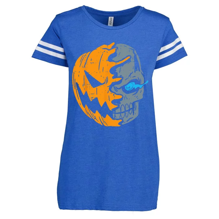 Half Skull Pumpkin Face Cool Scary Jack O Lantern Halloween Enza Ladies Jersey Football T-Shirt