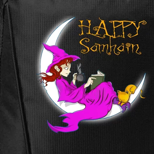 Happy Samhain Purple Witch Books Coffee Cats Moon Halloween Meaningful Gift City Backpack