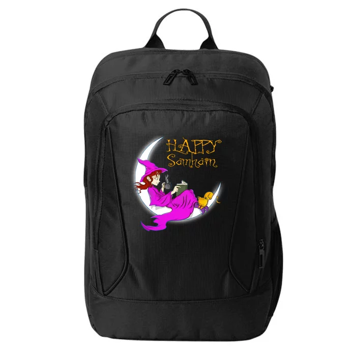 Happy Samhain Purple Witch Books Coffee Cats Moon Halloween Meaningful Gift City Backpack