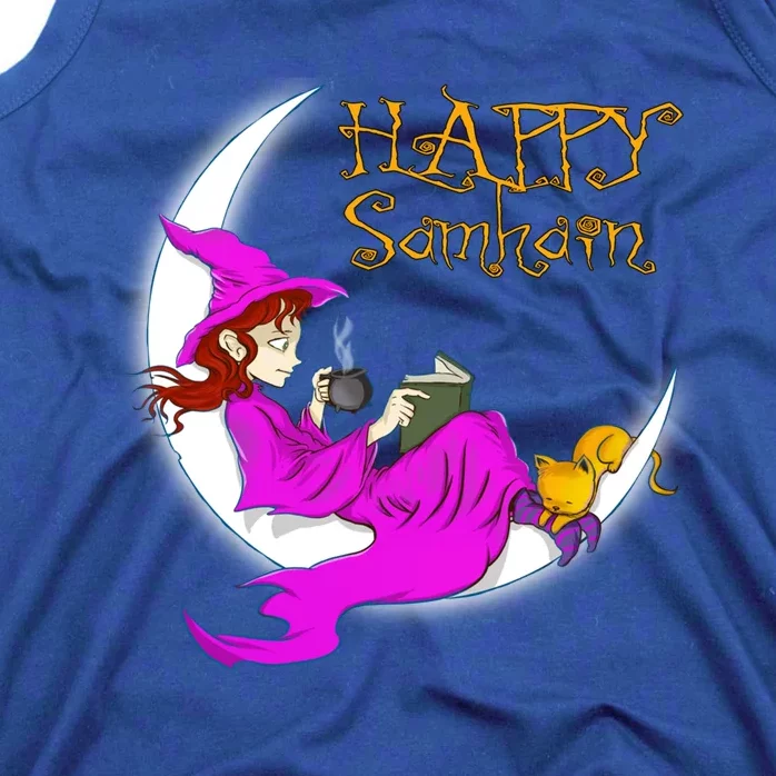 Happy Samhain Purple Witch Books Coffee Cats Moon Halloween Meaningful Gift Tank Top