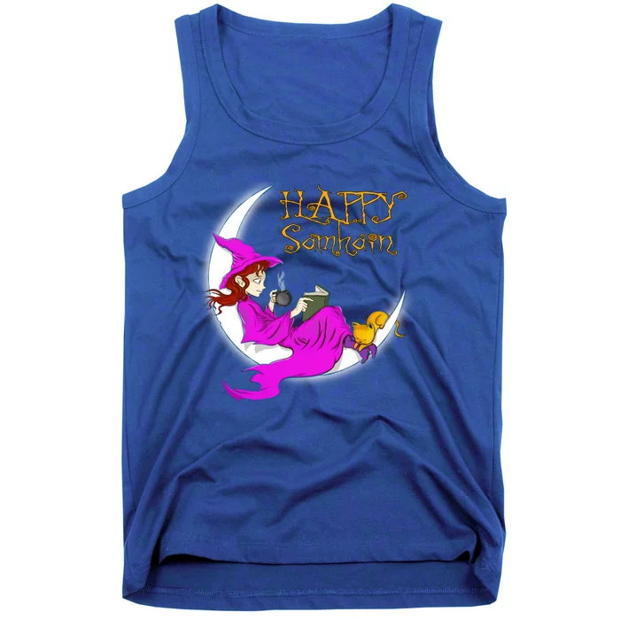 Happy Samhain Purple Witch Books Coffee Cats Moon Halloween Meaningful Gift Tank Top