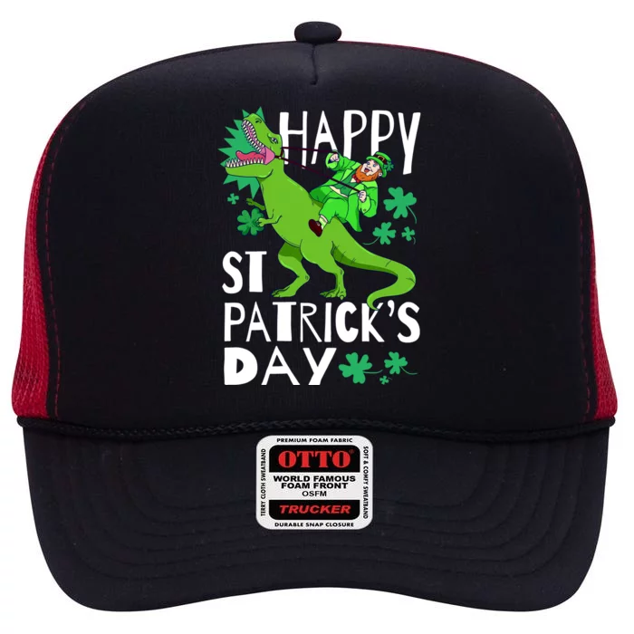 Happy St. Patrick's Day TRex Leprechaun Irish Clover High Crown Mesh Trucker Hat