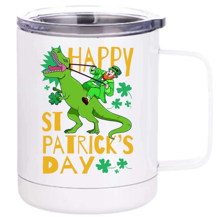 Happy St. Patrick's Day TRex Leprechaun Irish Clover Front & Back 12oz Stainless Steel Tumbler Cup