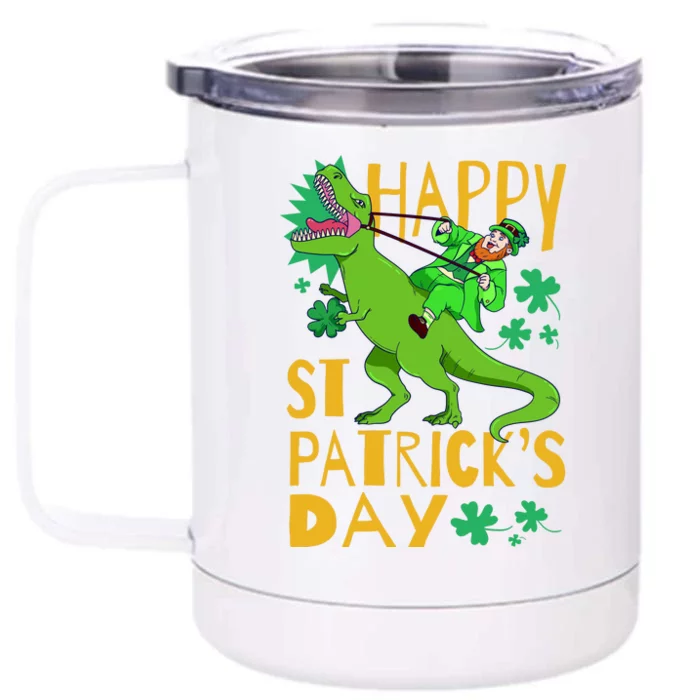 Happy St. Patrick's Day TRex Leprechaun Irish Clover Front & Back 12oz Stainless Steel Tumbler Cup