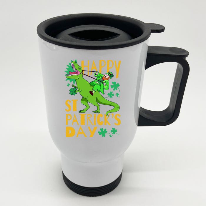 Happy St. Patrick's Day TRex Leprechaun Irish Clover Front & Back Stainless Steel Travel Mug