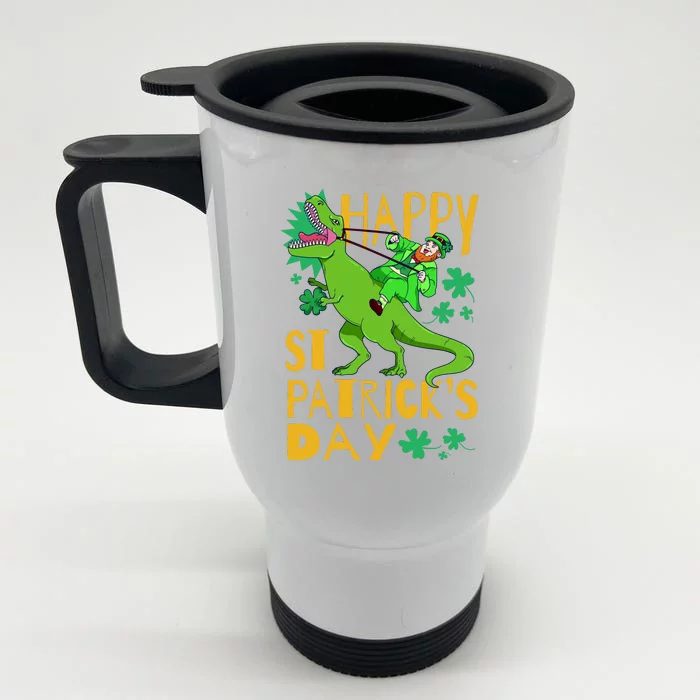 Happy St. Patrick's Day TRex Leprechaun Irish Clover Front & Back Stainless Steel Travel Mug