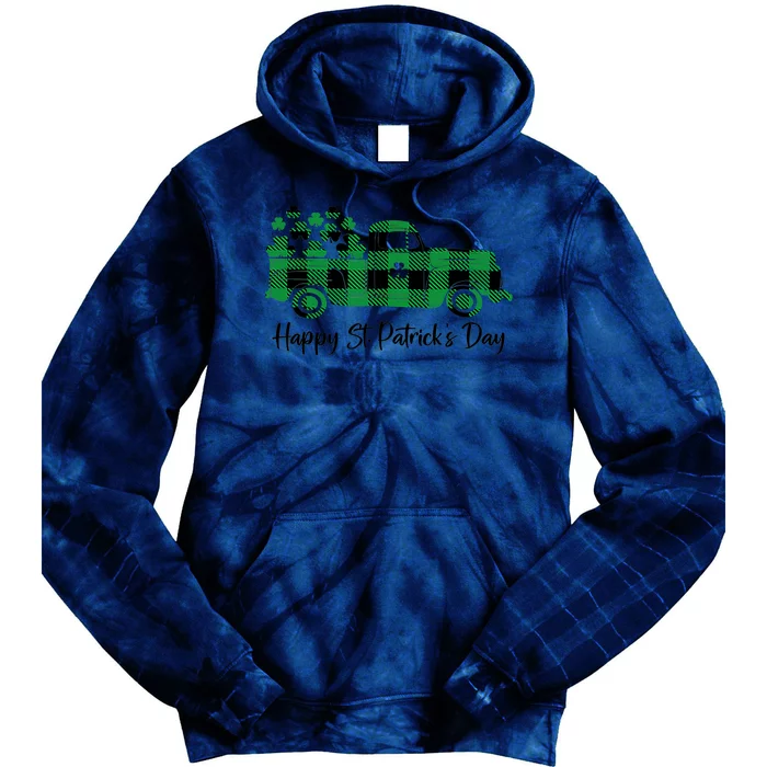 Happy St Patrick's Day Buffalo Plaid Truck Irish Shamrock Tie Dye Hoodie