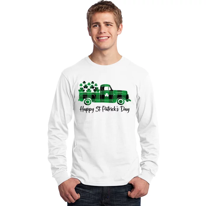 Happy St Patrick's Day Buffalo Plaid Truck Irish Shamrock Long Sleeve Shirt