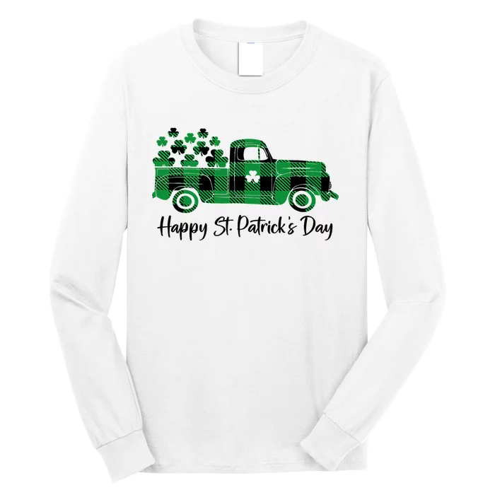 Happy St Patrick's Day Buffalo Plaid Truck Irish Shamrock Long Sleeve Shirt