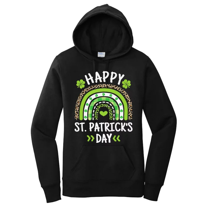 Happy St Patricks Day Leopard Print Rainbow Shamrock Irish Funny Women's Pullover Hoodie