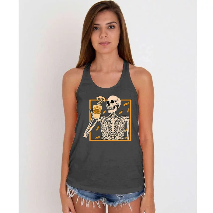 Halloween Skeleton Pumpkin Spice Latte Syrup Creamer Women's Knotted Racerback Tank