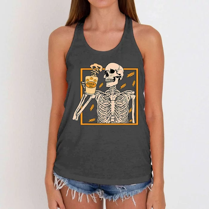 Halloween Skeleton Pumpkin Spice Latte Syrup Creamer Women's Knotted Racerback Tank