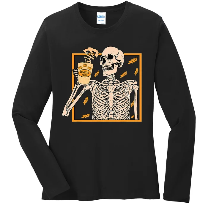 Halloween Skeleton Pumpkin Spice Latte Syrup Creamer Ladies Long Sleeve Shirt