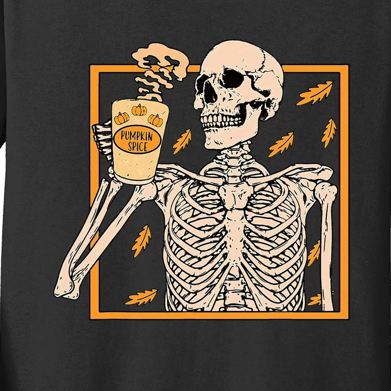 Halloween Skeleton Pumpkin Spice Latte Syrup Creamer Kids Long Sleeve Shirt