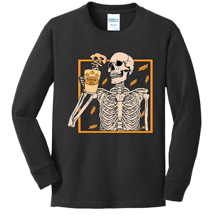 Halloween Skeleton Pumpkin Spice Latte Syrup Creamer Kids Long Sleeve Shirt