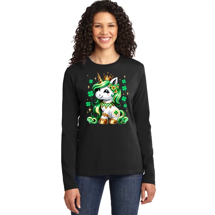 Happy St Patrick Day Irish Unicorn Lepricorn Ladies Long Sleeve Shirt