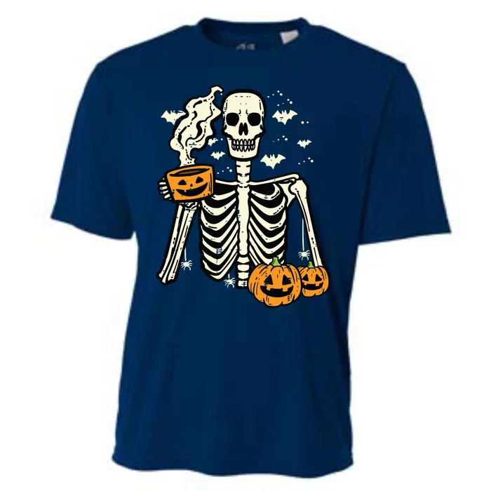 Halloween Skeleton Pumpkin Fall Coffee Fun Costume Women Cooling Performance Crew T-Shirt