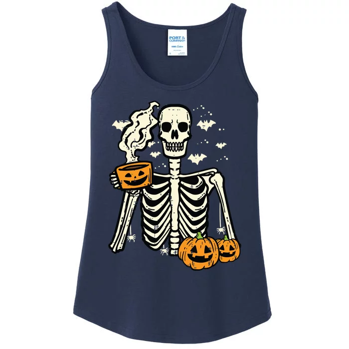 Halloween Skeleton Pumpkin Fall Coffee Fun Costume Women Ladies Essential Tank