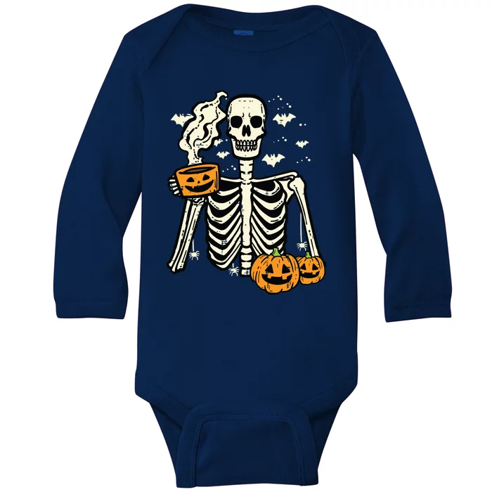 Halloween Skeleton Pumpkin Fall Coffee Fun Costume Women Baby Long Sleeve Bodysuit