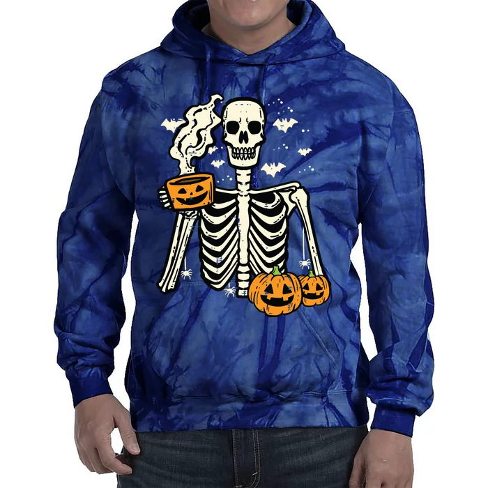 Halloween Skeleton Pumpkin Fall Coffee Fun Costume Women Tie Dye Hoodie