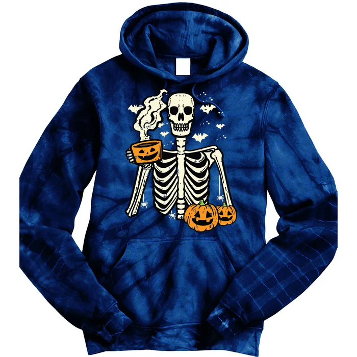 Halloween Skeleton Pumpkin Fall Coffee Fun Costume Women Tie Dye Hoodie