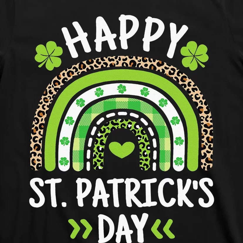 Happy St Patricks Day Leopard Print Rainbow Shamrock Irish T-Shirt