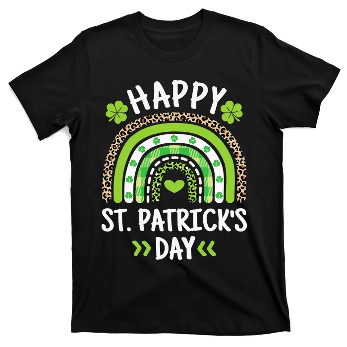 Happy St Patricks Day Leopard Print Rainbow Shamrock Irish T-Shirt