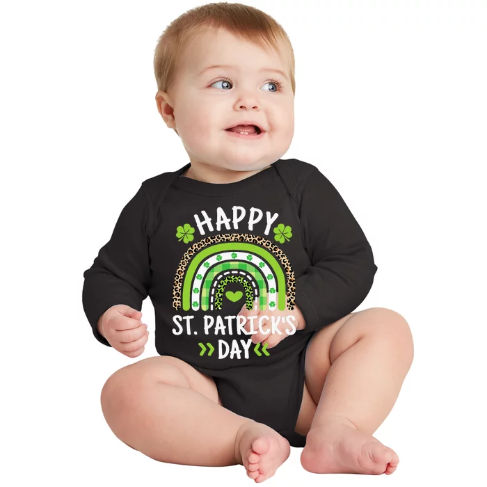 Happy St Patricks Day Leopard Print Rainbow Shamrock Irish Baby Long Sleeve Bodysuit