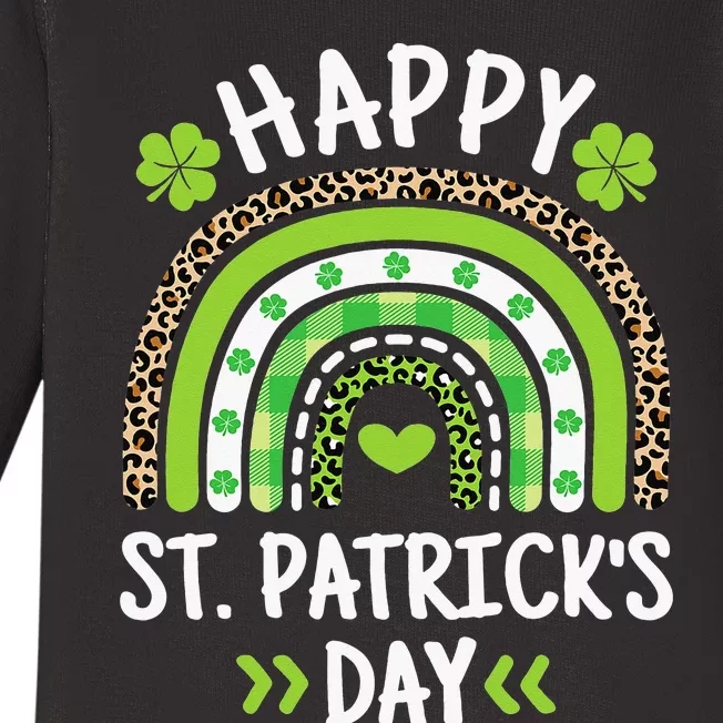 Happy St Patricks Day Leopard Print Rainbow Shamrock Irish Baby Long Sleeve Bodysuit